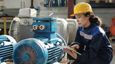 White female maintenance technician in a hardhat surveying a piece of machinery 