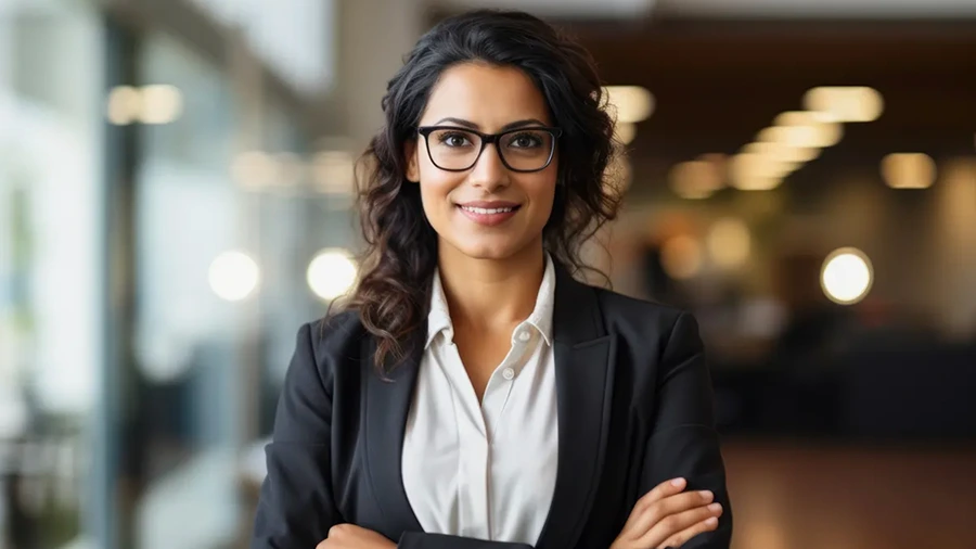 Closeup of a female support team member in a dark suit and glasses looking directly at the camera smiling.